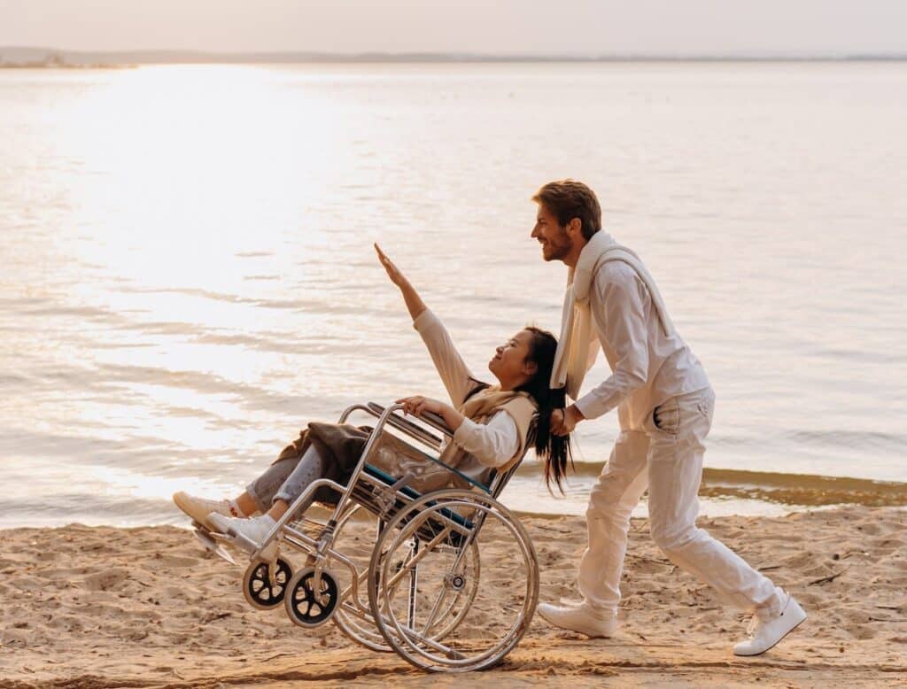 A husband takes hist wife on holiday as one of her Christmas gifts that are accessible for people in wheelchairs