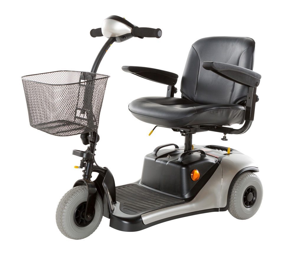 mobility scooter safety tips are needed for this black and grey scooter against a white background