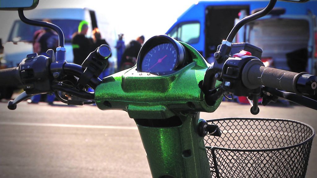 An electric mobility scooter recharges during the scooter record attempt for the Guinness World Record