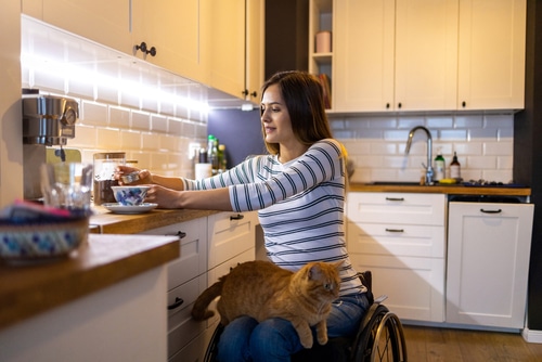 woman in wheelchair with low maintenance pet cat on lap