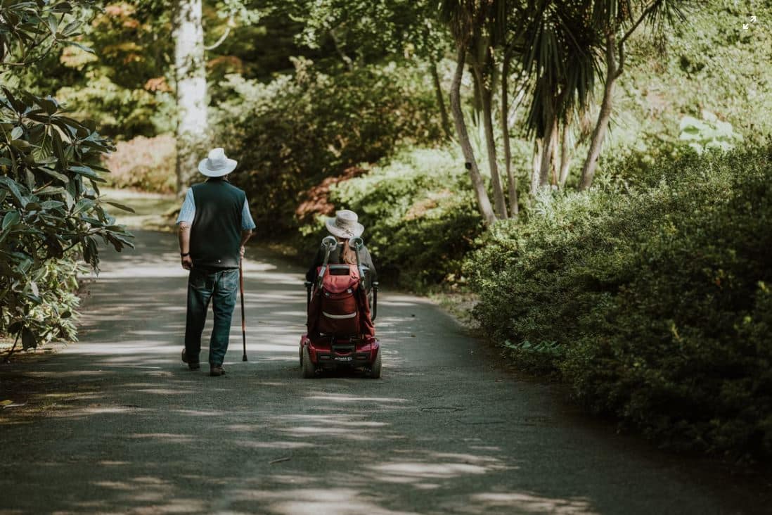 mobility scooter registration is being discussed by this couple traversing a bush path