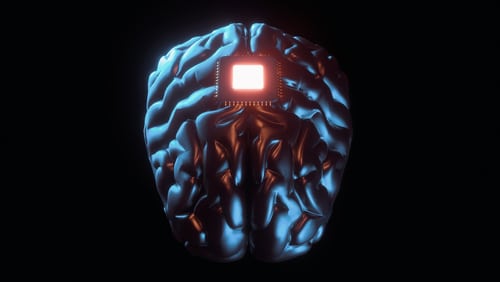 Neuralink product presentation. Brain to computer interface 3d illustration