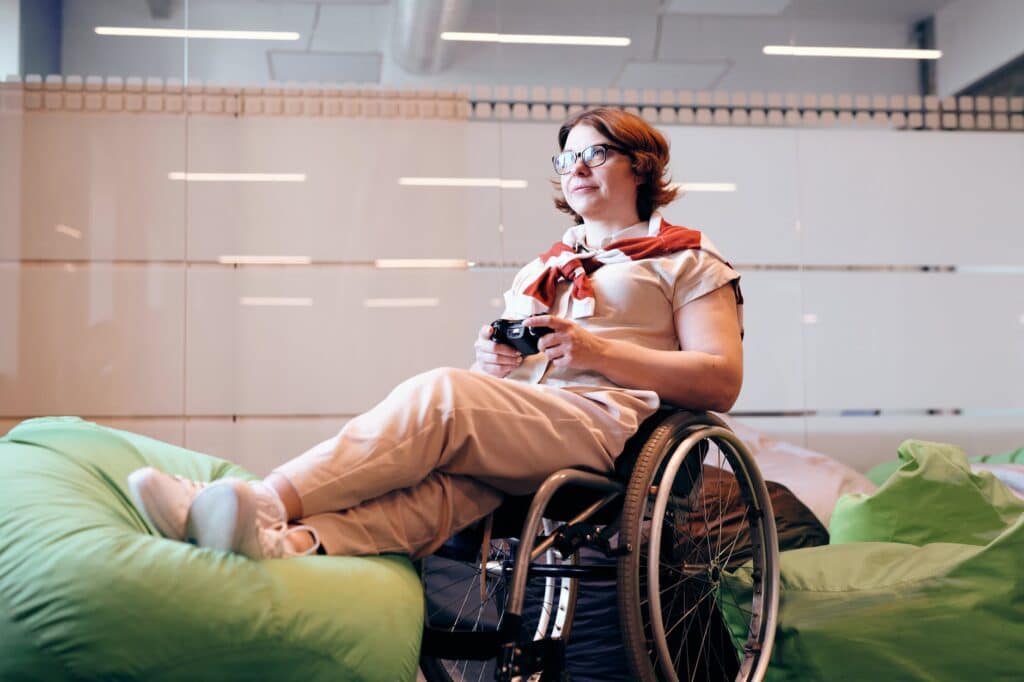 Woman in a wheelchair takes a break during lunch hour