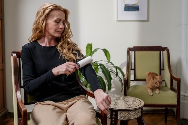 woman with limited mobility uses a lint roller as a pet hair remover