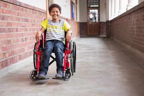 Childrens wheelchair comes in different models. This photo shows a boy in a paediatric wheelchair