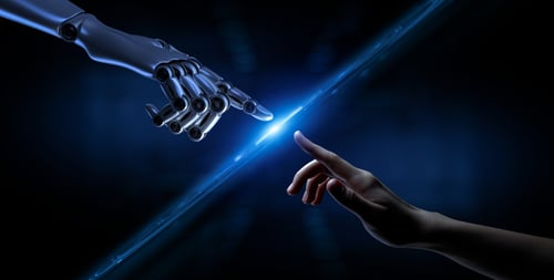 Robot hand making contact with human hand. Cyborg limbs and cyborg technology are the way of the future