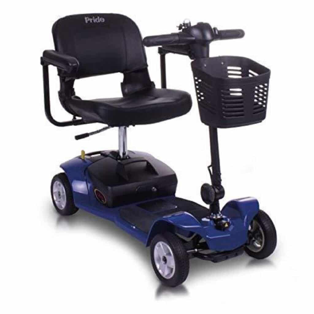 A blue four wheeled scooter with a basket 