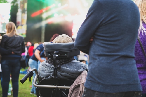 Person in a wheelchair with a companion card attending an outdoor festival with other spectators in the background.