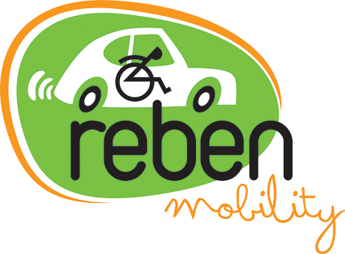 Logo for Reben Mobility featuring a white car with a wheelchair symbol on a green background, representing Disability Converted Vehicle Hire, with "reben" in black text and "mobility" in orange cursive text.