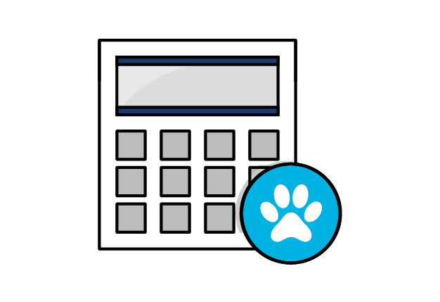 A simplified calculator icon with a blue circle containing a white paw print, symbolizing World Pet Health Month, overlapping its lower right corner on a black background.