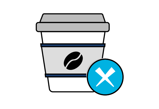 Illustration of a disposable coffee cup with a coffee bean symbol and a blue circle with a white "X" in front of it, representing the importance of avoiding caffeine for pet health during World Pet Health Month.