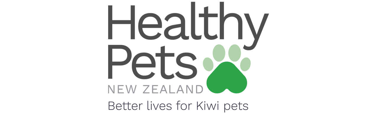 Logo for Healthy Pets New Zealand with a green paw print and the tagline "Better lives for Kiwi pets.