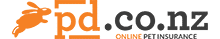Logo for pd.co.nz online pet insurance, featuring an orange rabbit and text in orange and black.