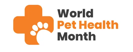 Logo with an orange medical cross and paw print, symbolizing pet health, next to the text "World Pet Health Month" in black and orange.