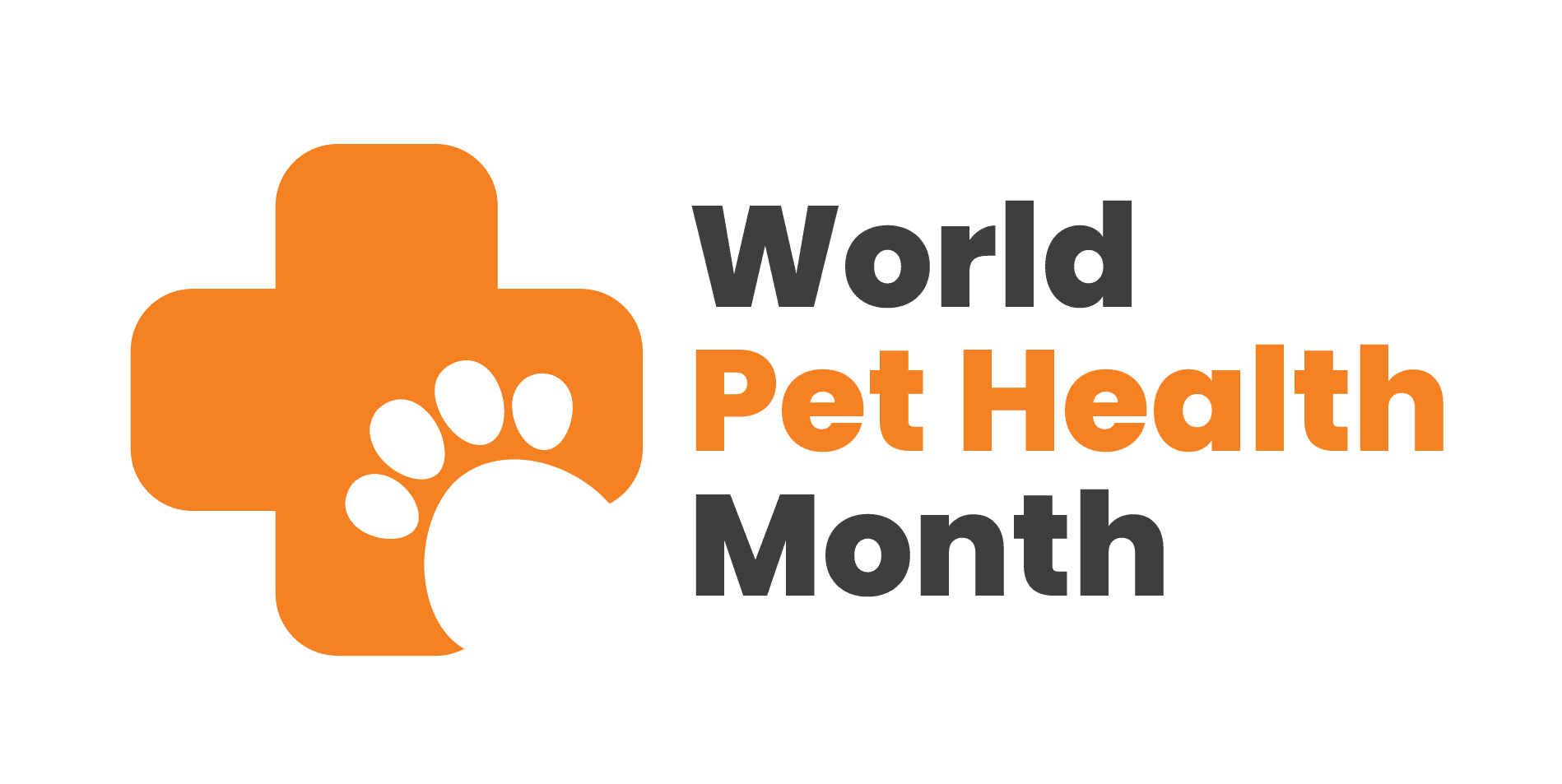 Logo with an orange cross and paw print beside the text "World Pet Health Month" in black and orange letters on a white background.