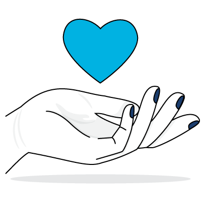 Illustration of an open hand with blue-painted nails, palm facing up, and a blue heart floating above it against a black background—perfect for 2026 redesigns or inspiring new careers.