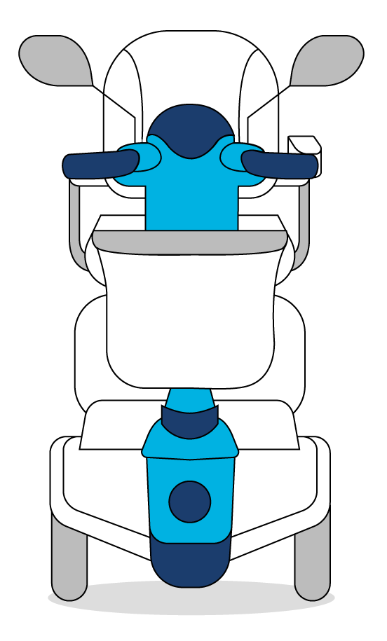 Illustration of a white and blue mobility scooter viewed from the front, showing handlebars, seat, mirrors—perfect for highlighting insurance for wheelchair accessible vehicles.